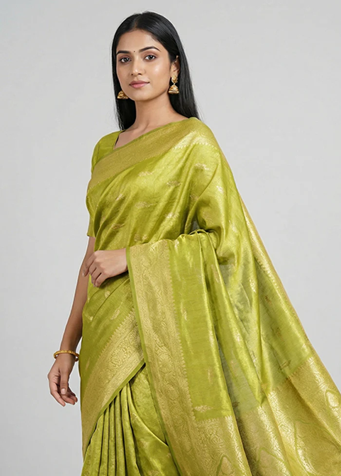 Green Tissue Silk Saree With Blouse Piece - Image 2