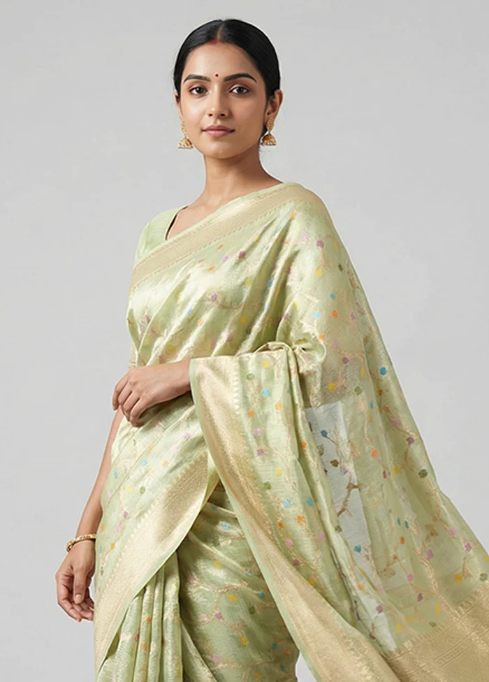 Green Tissue Silk Saree With Blouse Piece - Image 2