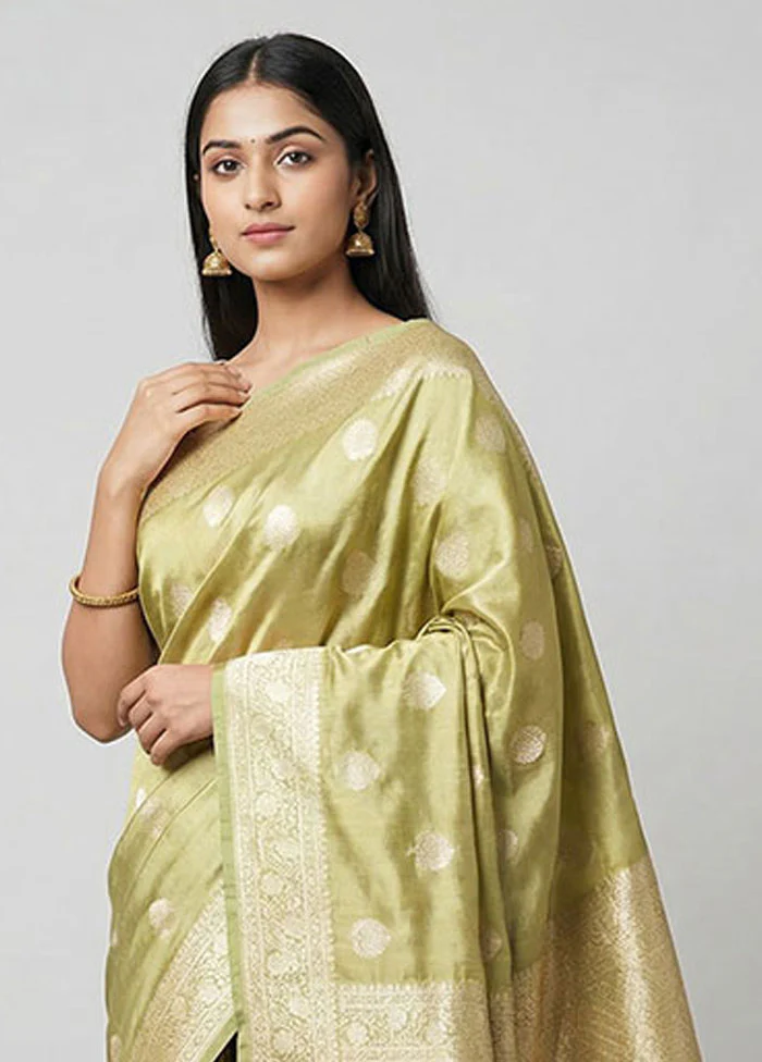 Green Tissue Silk Saree With Blouse Piece - Image 2