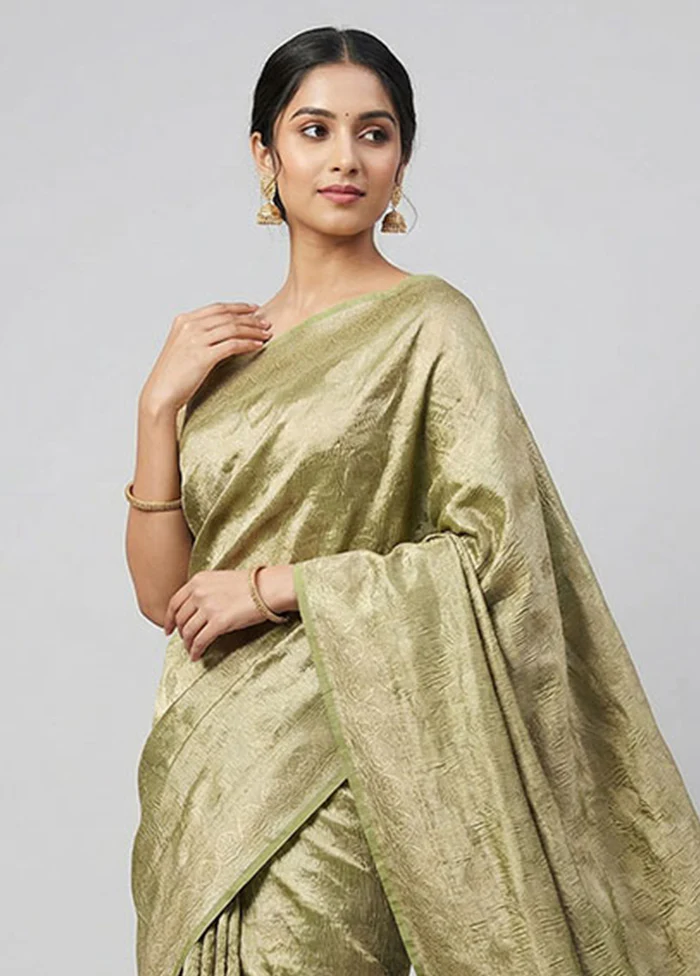 Green Tissue Silk Saree With Blouse Piece - Image 2