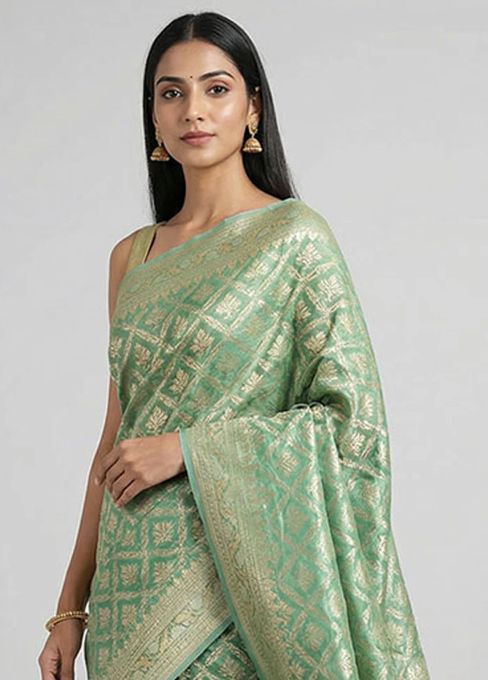 Green Tissue Silk Saree With Blouse Piece - Image 2
