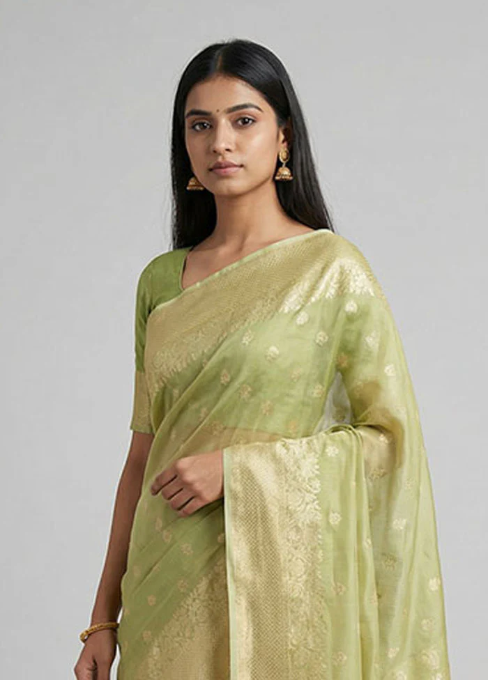 Green Tissue Silk Saree With Blouse Piece - Image 2