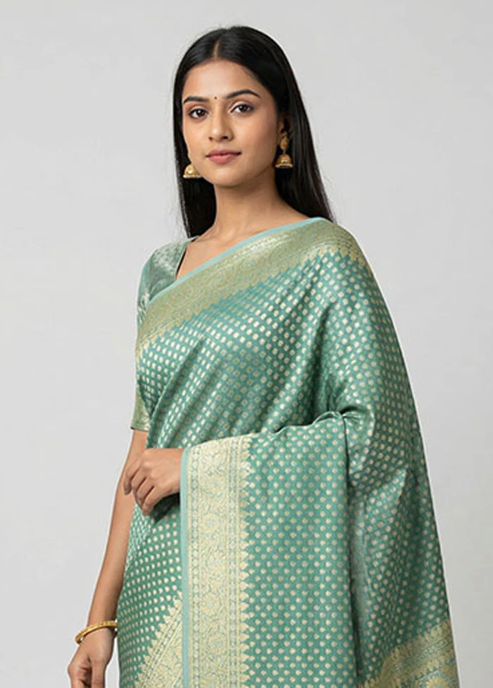Green Tissue Silk Saree With Blouse Piece - Image 2