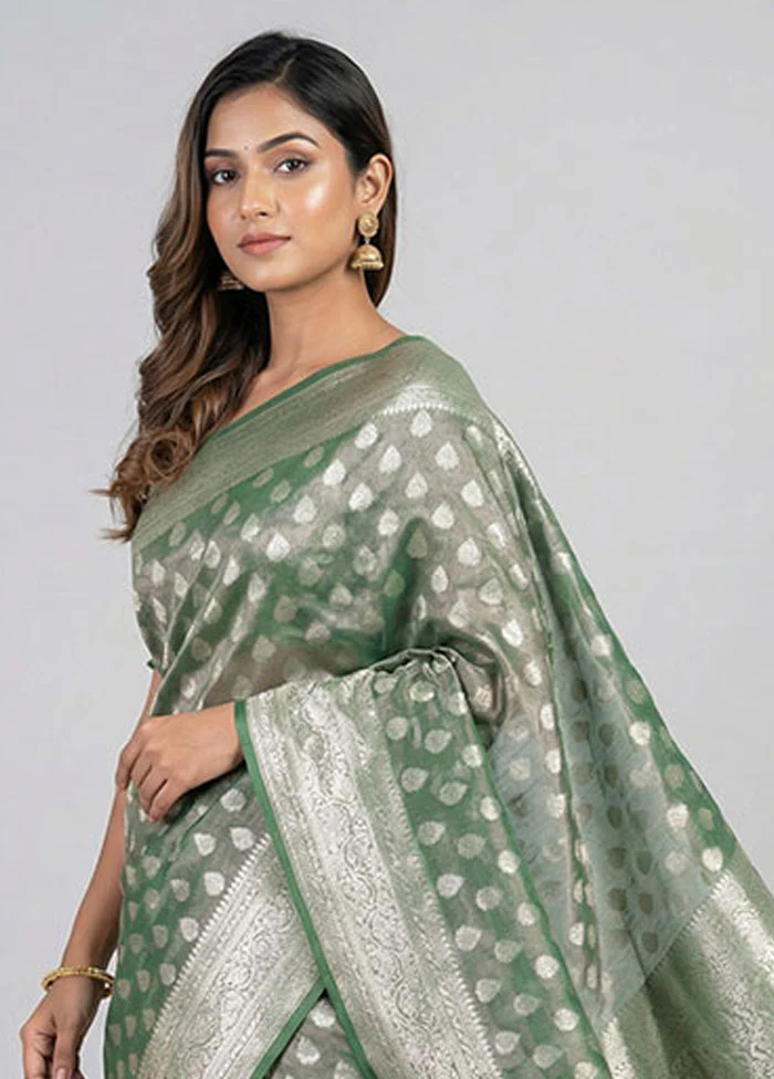 Green Tissue Silk Saree With Blouse Piece - Image 2
