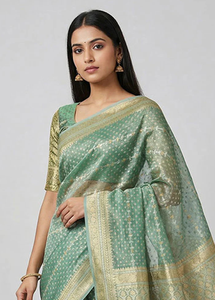 Green Tissue Silk Saree With Blouse Piece - Image 2