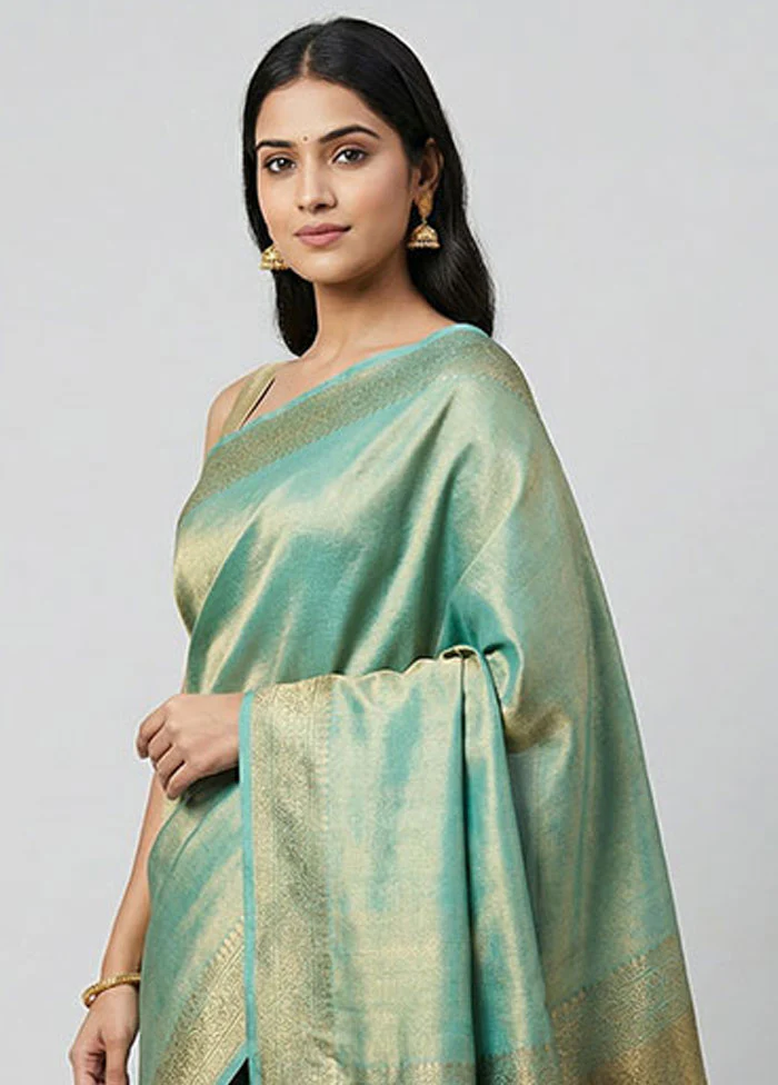 Green Tissue Silk Saree With Blouse Piece - Image 2