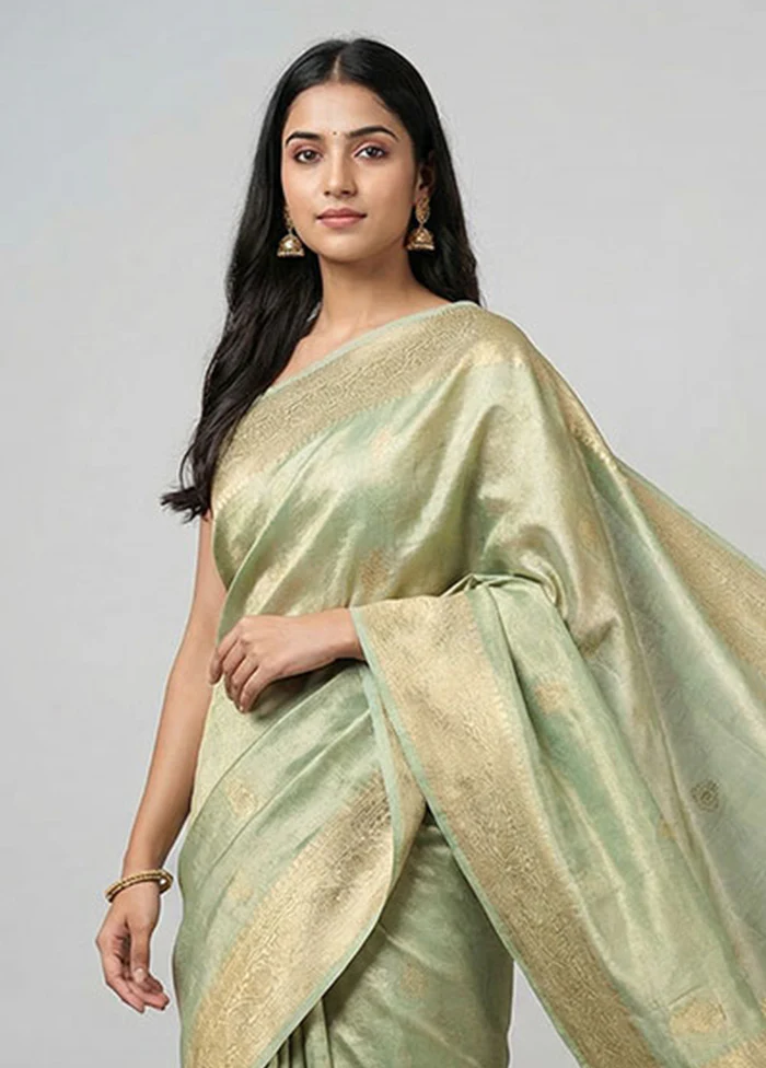 Green Tissue Silk Saree With Blouse Piece - Image 2