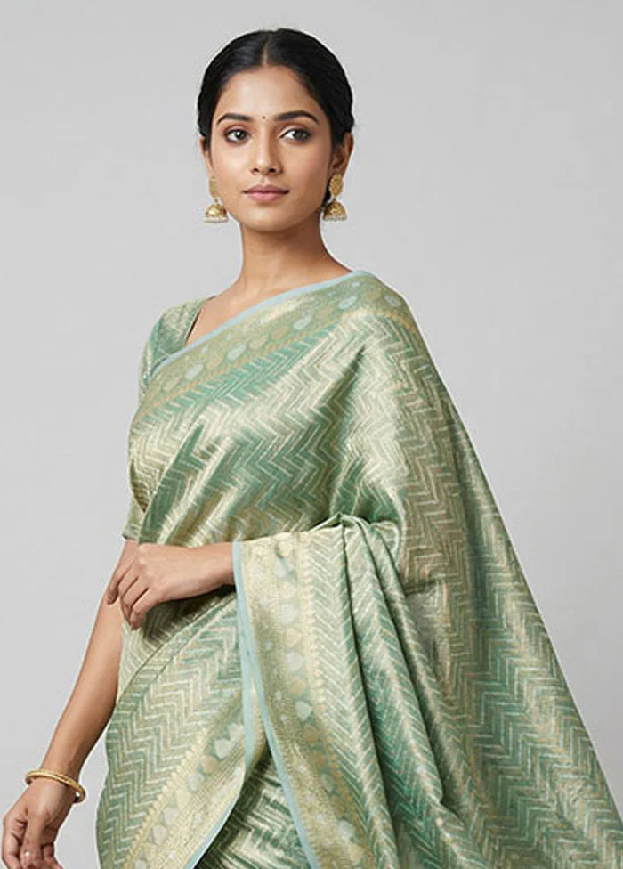 Green Tissue Silk Saree With Blouse Piece - Image 2