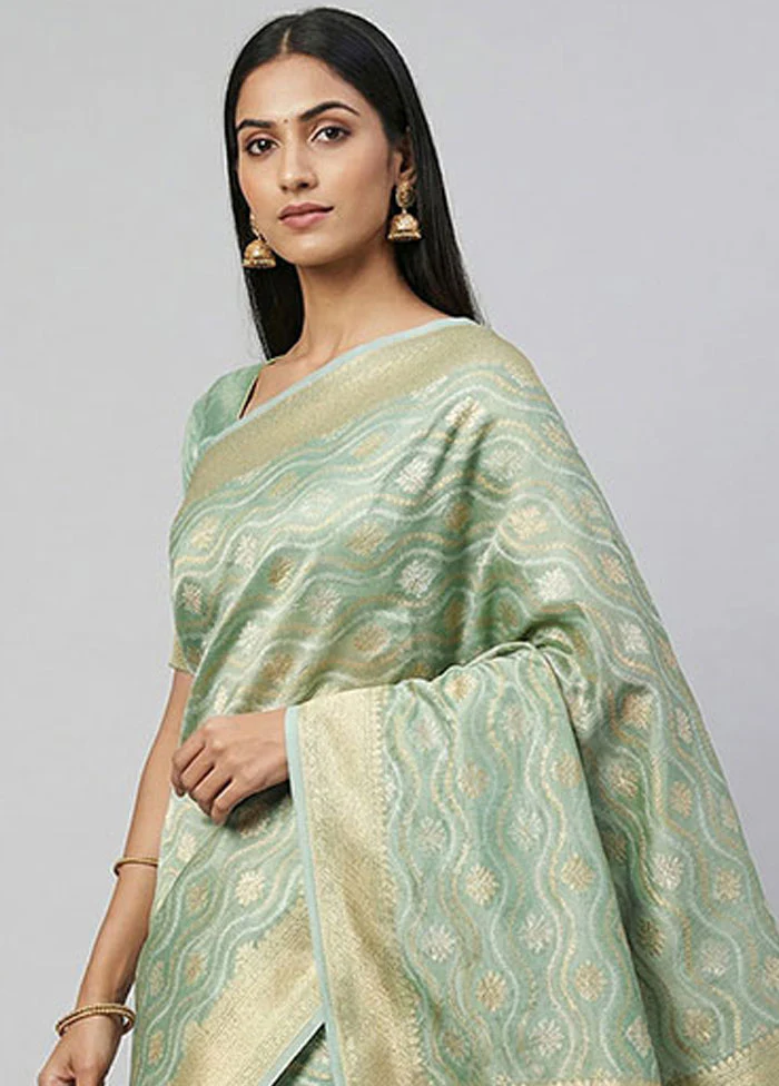 Green Tissue Silk Saree With Blouse Piece - Image 2