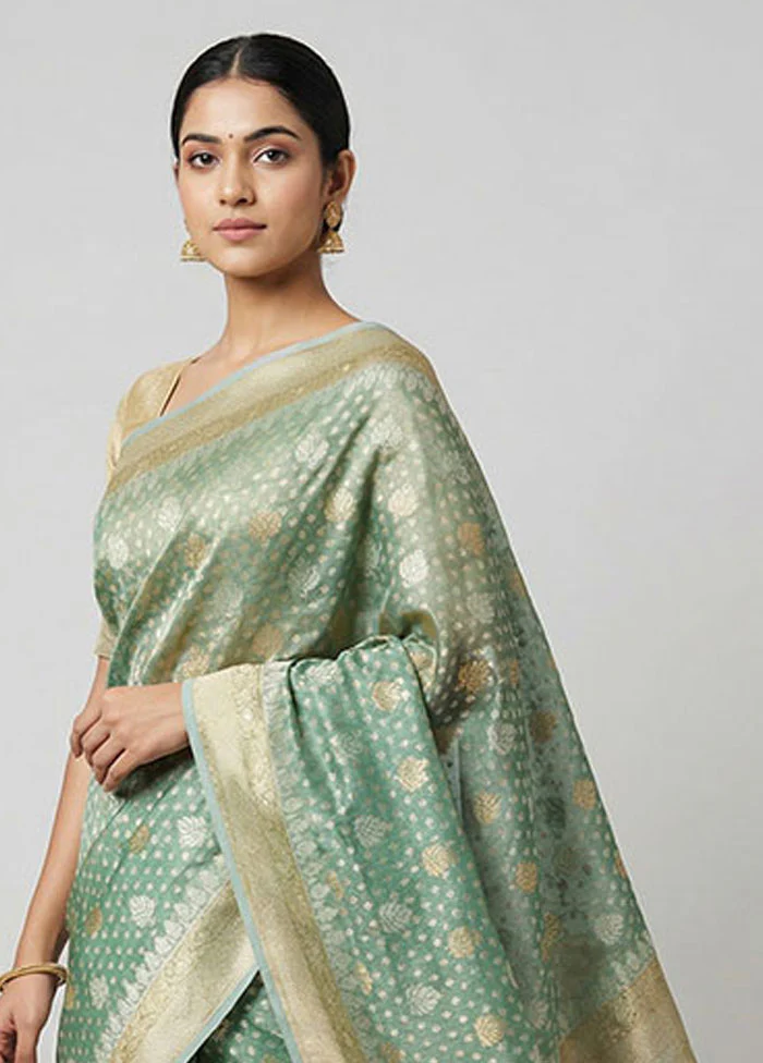 Green Tissue Silk Saree With Blouse Piece - Image 2
