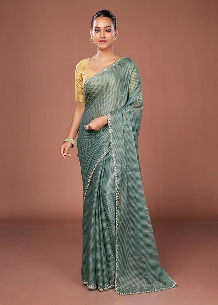 Green Tissue Silk Saree With Blouse Piece - Image 2