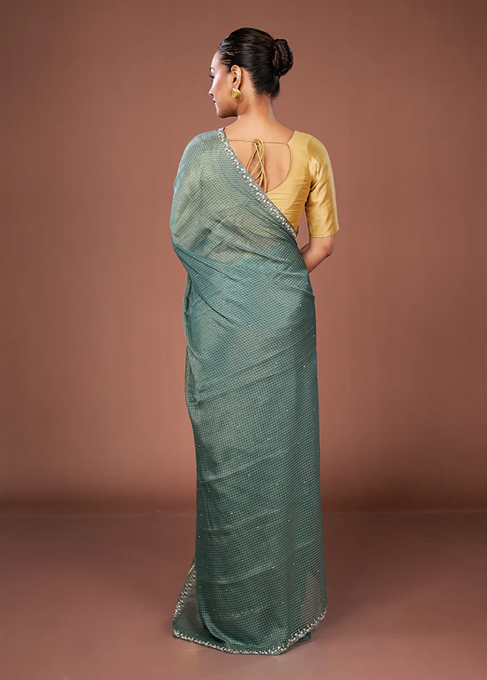 Green Tissue Silk Saree With Blouse Piece - Image 3