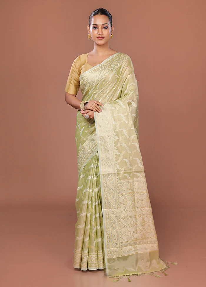 Green Tissue Silk Saree With Blouse Piece - Image 2