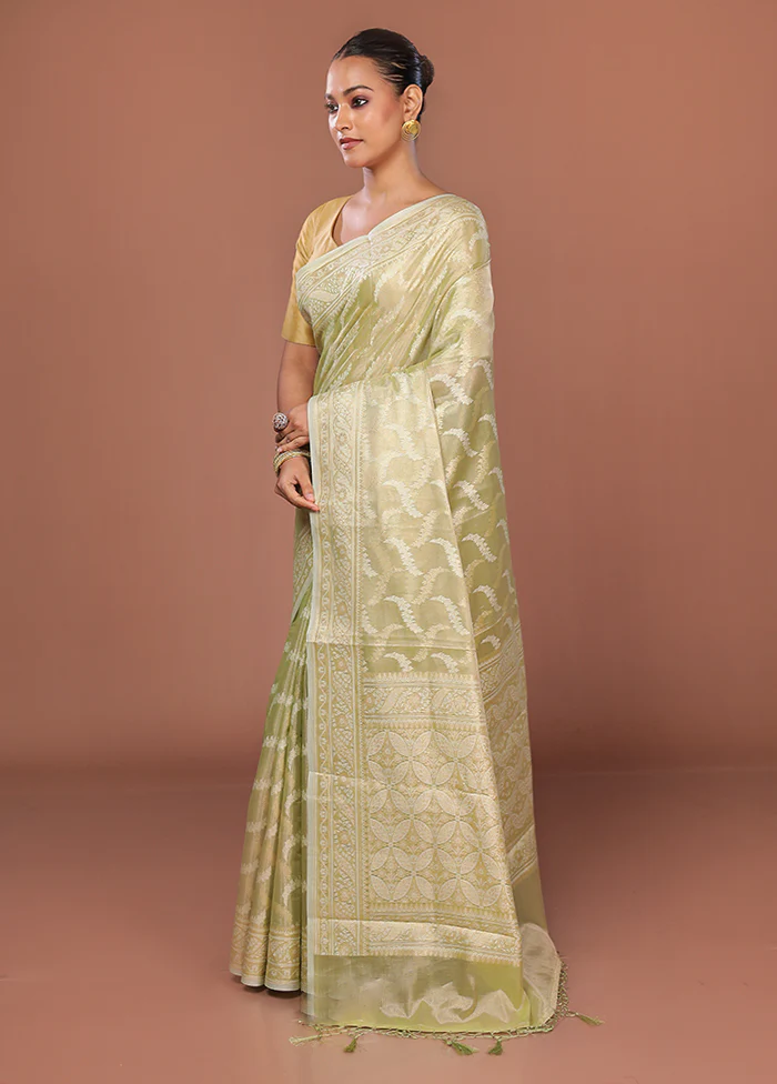 Green Tissue Silk Saree With Blouse Piece - Image 4