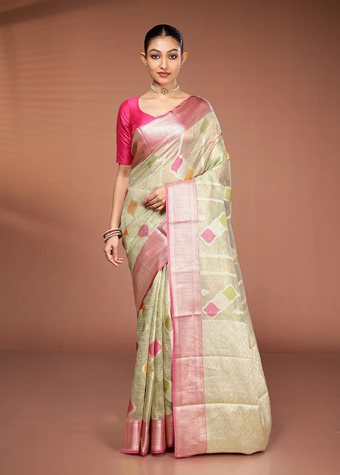 Green Tissue Silk Saree With Blouse Piece - Image 2