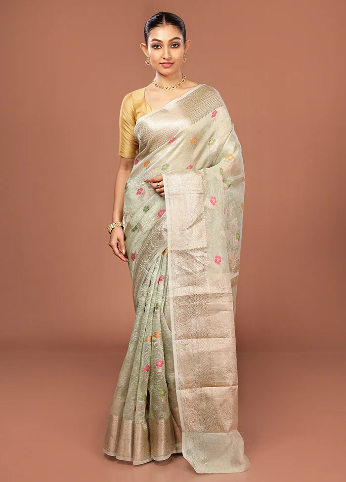 Green Tissue Silk Saree With Blouse Piece - Image 2