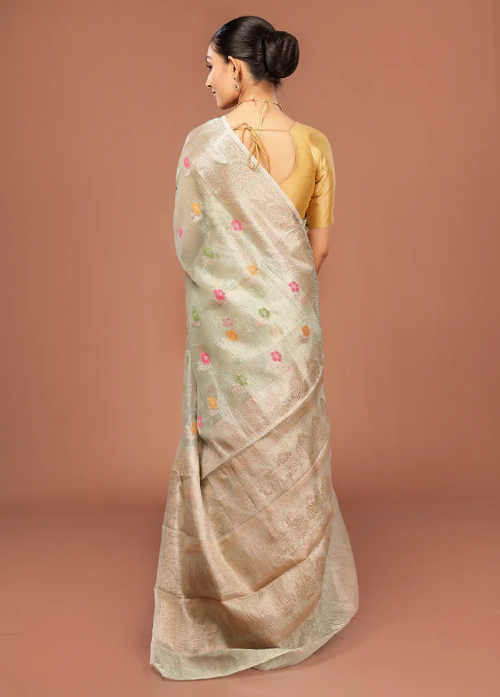 Green Tissue Silk Saree With Blouse Piece - Image 3