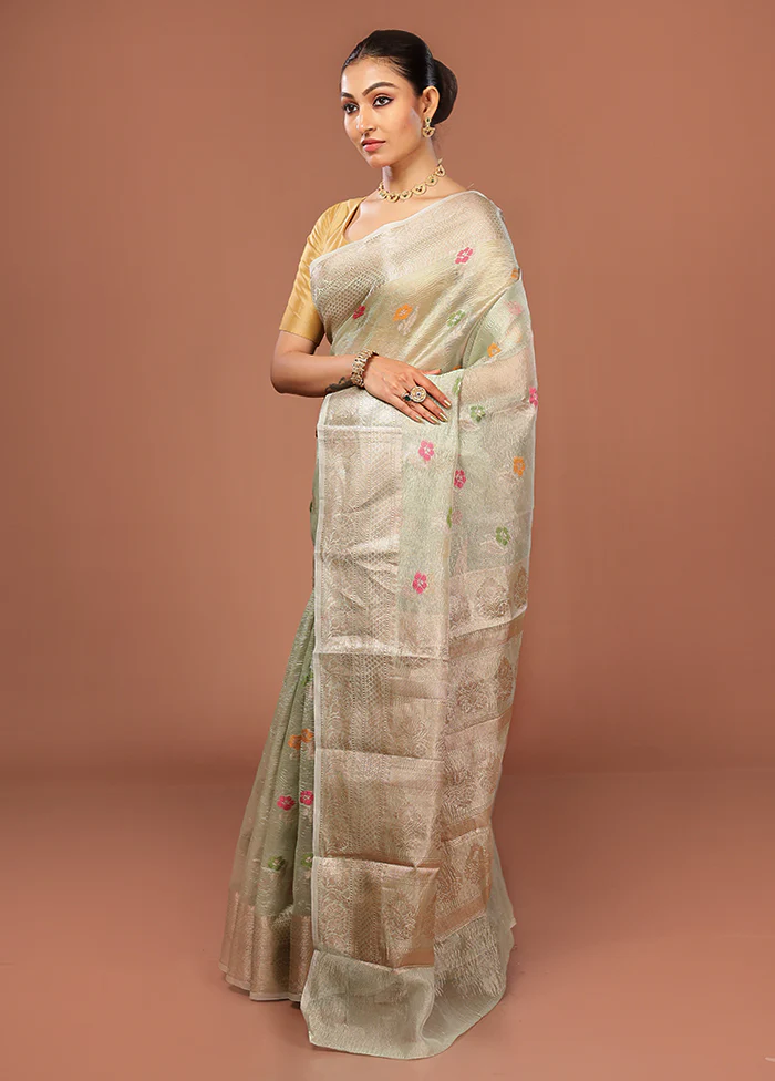 Green Tissue Silk Saree With Blouse Piece - Image 4