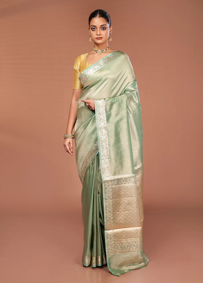 Green Tissue Silk Saree With Blouse Piece - Image 2