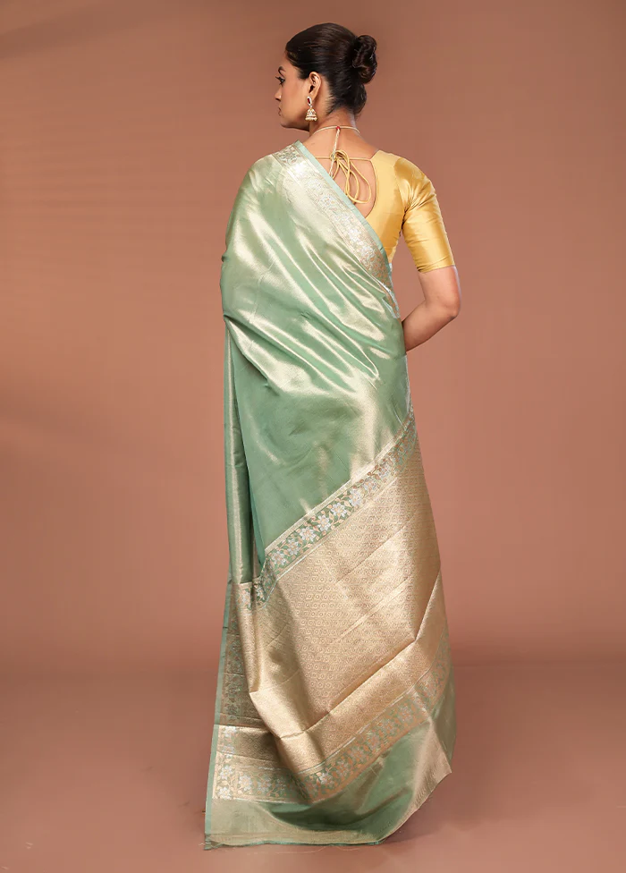 Green Tissue Silk Saree With Blouse Piece - Image 3