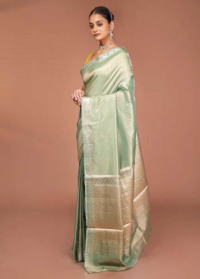 Green Tissue Silk Saree With Blouse Piece - Image 4