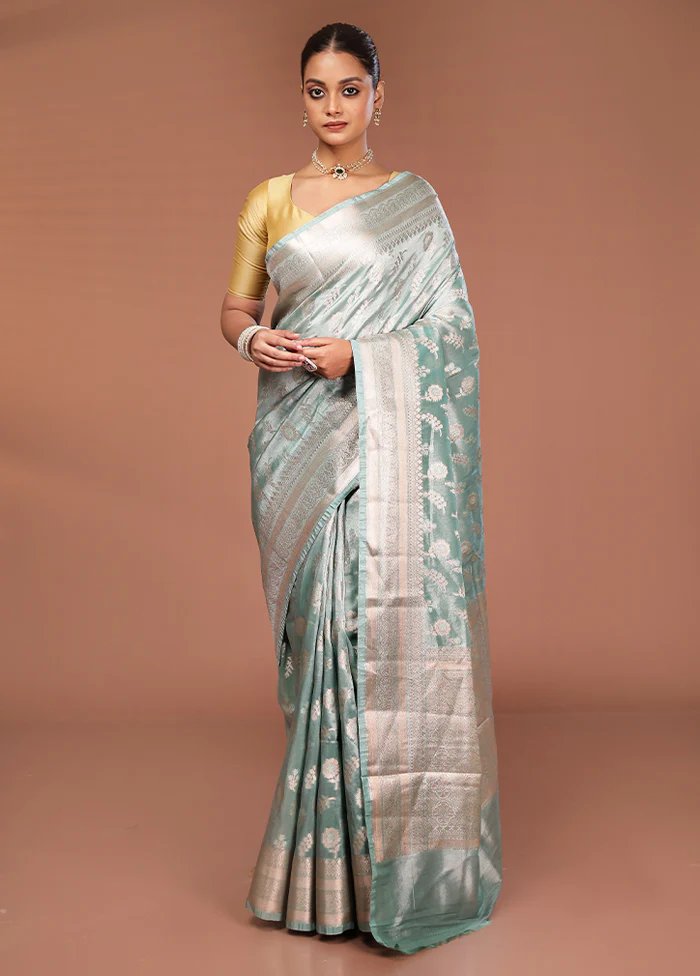 Green Tissue Silk Saree With Blouse Piece - Image 2