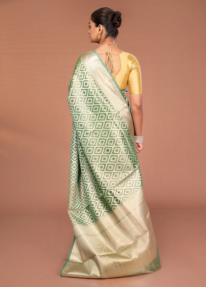Green Tissue Silk Saree With Blouse Piece - Image 3