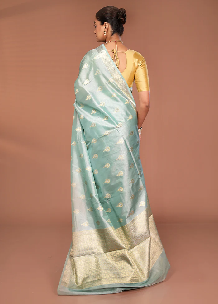 Green Tissue Silk Saree With Blouse Piece - Image 3