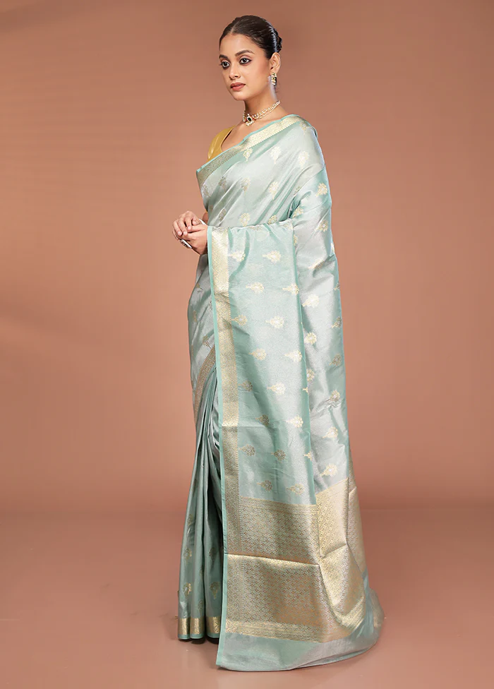 Green Tissue Silk Saree With Blouse Piece - Image 4