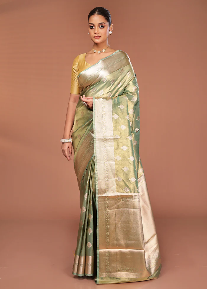 Green Tissue Silk Saree With Blouse Piece - Image 2
