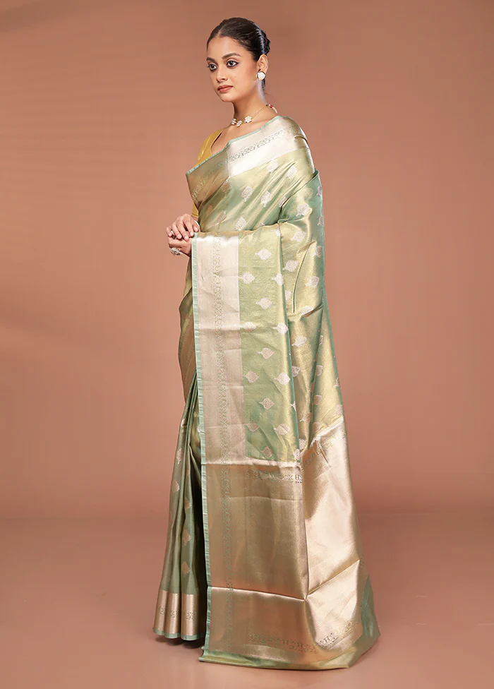 Green Tissue Silk Saree With Blouse Piece - Image 4