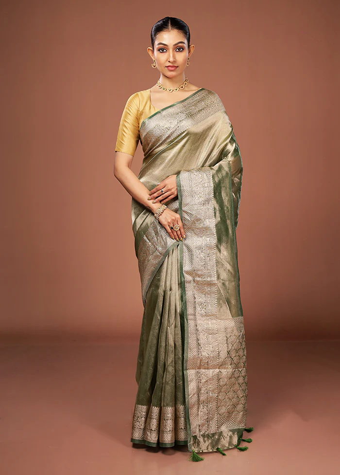 Green Tissue Silk Saree With Blouse Piece - Image 2