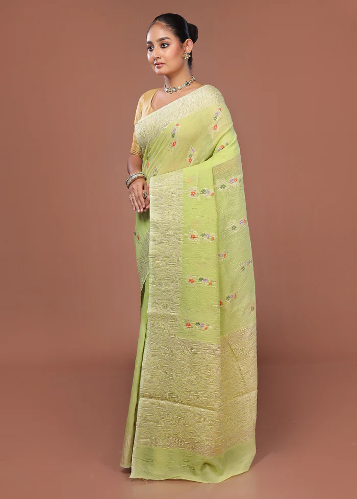 Green Tissue Silk Saree With Blouse Piece - Image 4