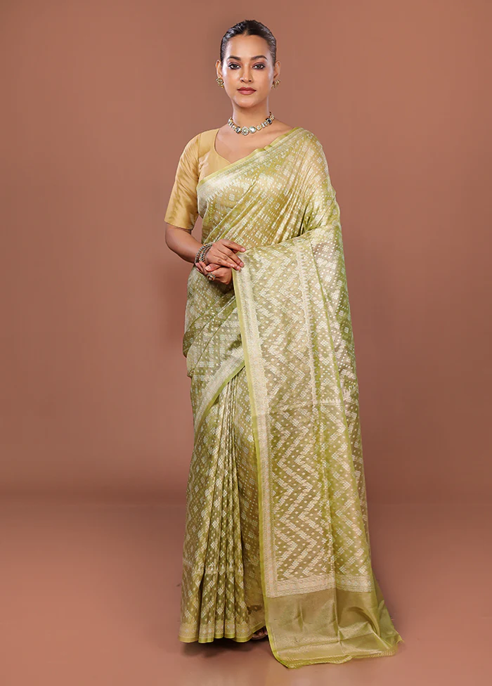 Green Tissue Silk Saree With Blouse Piece - Image 2