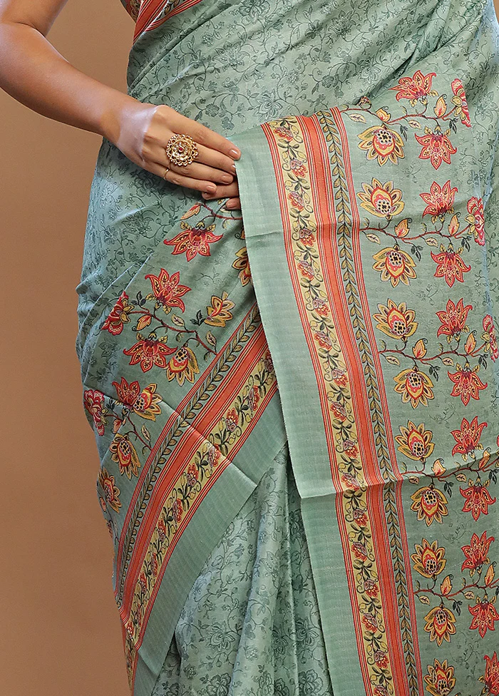 Green Tussar Pure Silk Saree With Blouse Piece - Image 3
