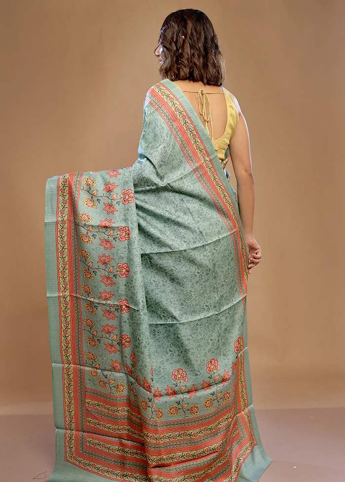 Green Tussar Pure Silk Saree With Blouse Piece - Image 4