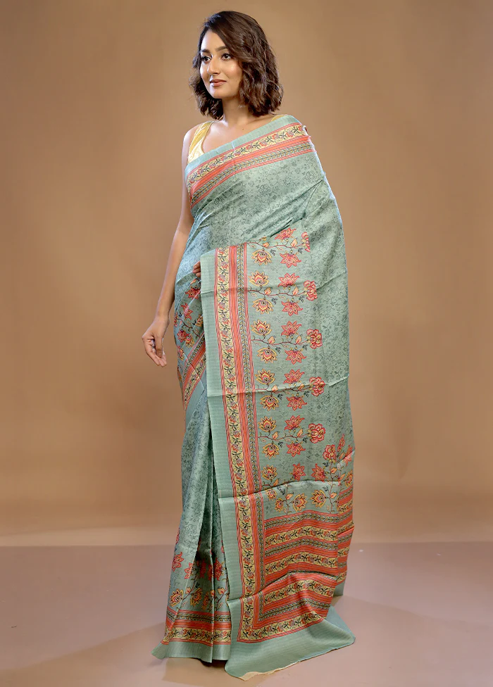 Green Tussar Pure Silk Saree With Blouse Piece - Image 5