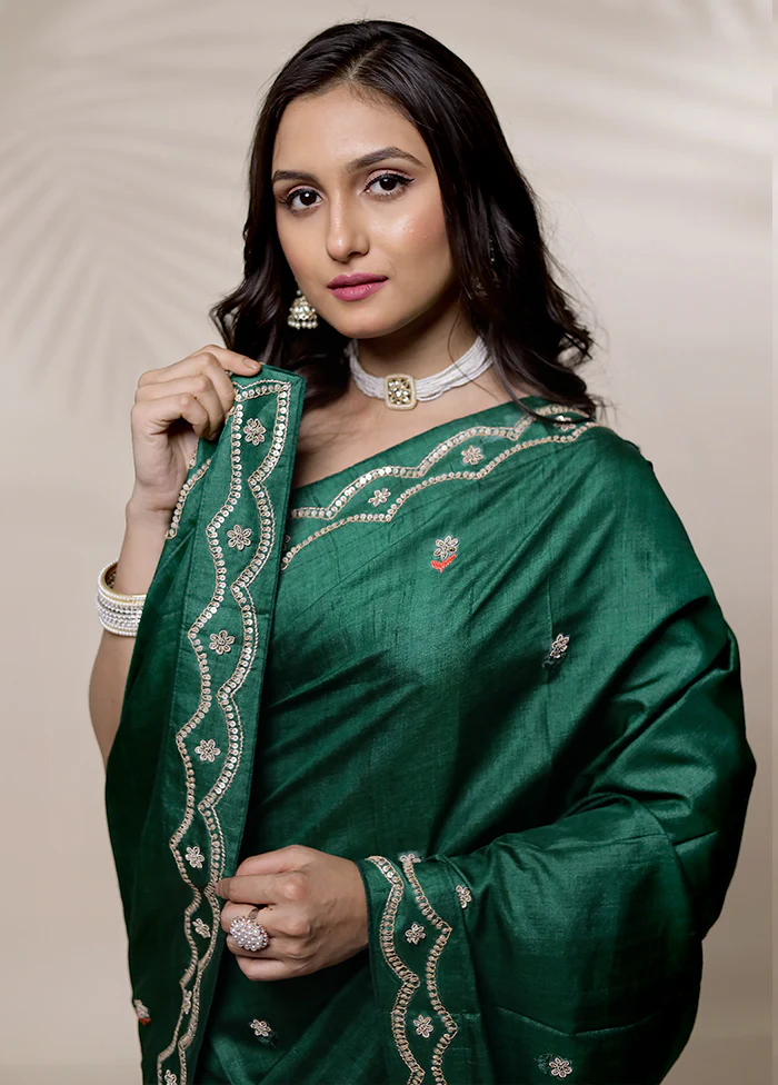 Green Tussar Pure Silk Saree With Blouse Piece