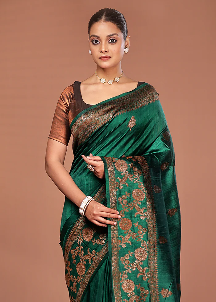 Green Tussar Pure Silk Saree With Blouse Piece