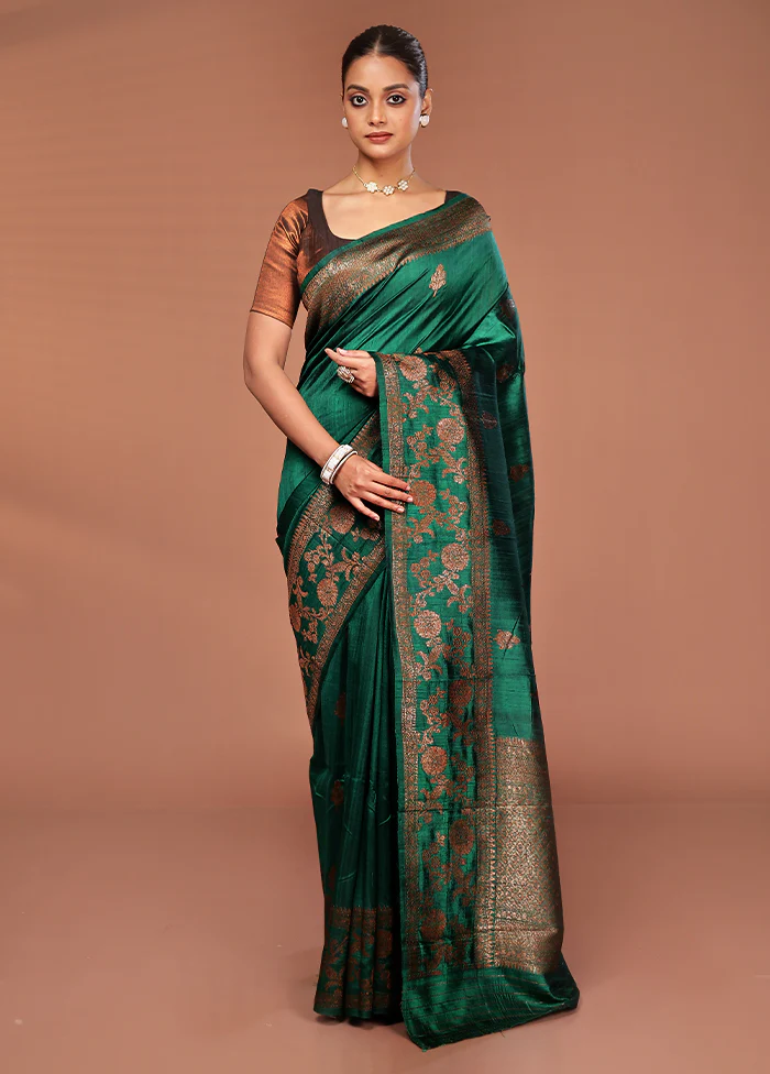 Green Tussar Pure Silk Saree With Blouse Piece - Image 2