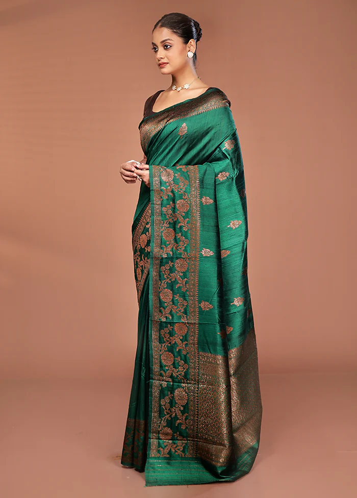 Green Tussar Pure Silk Saree With Blouse Piece - Image 4