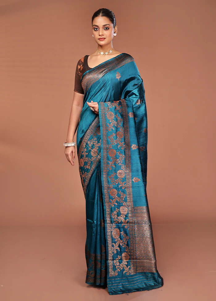 Green Tussar Pure Silk Saree With Blouse Piece - Image 2