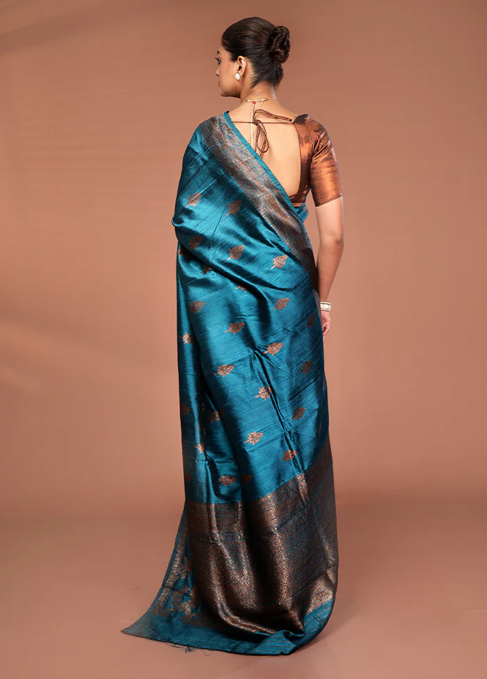 Green Tussar Pure Silk Saree With Blouse Piece - Image 3