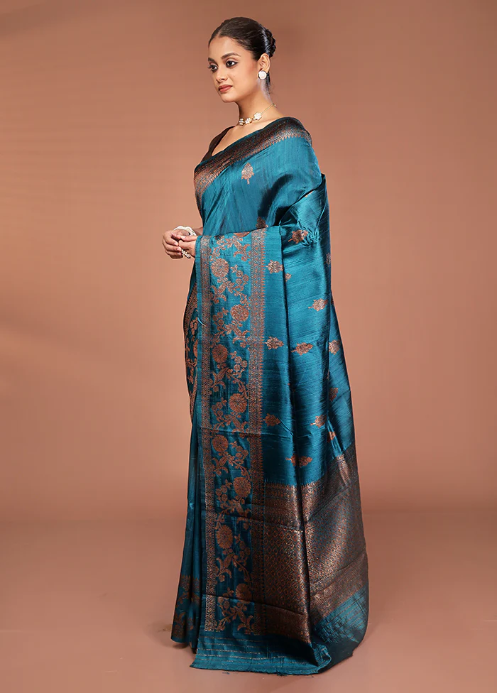 Green Tussar Pure Silk Saree With Blouse Piece - Image 4