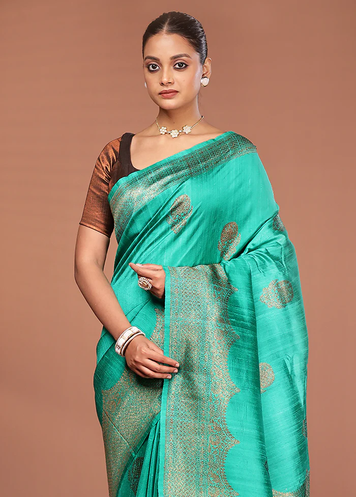 Green Tussar Pure Silk Saree With Blouse Piece
