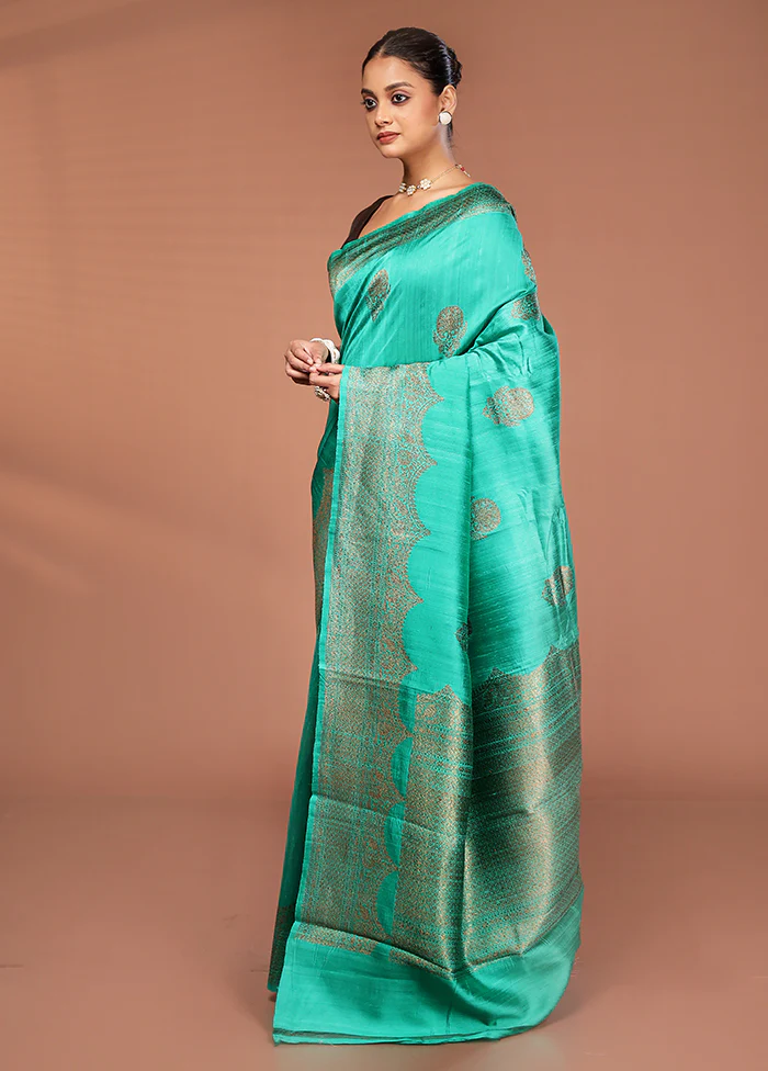Green Tussar Pure Silk Saree With Blouse Piece - Image 4