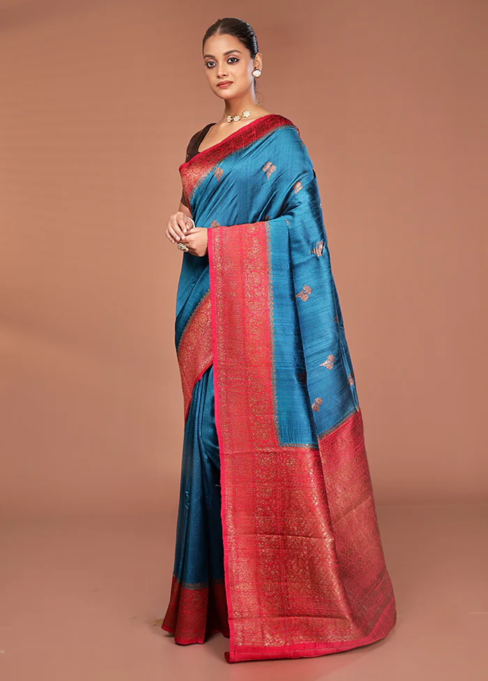 Green Tussar Pure Silk Saree With Blouse Piece - Image 4