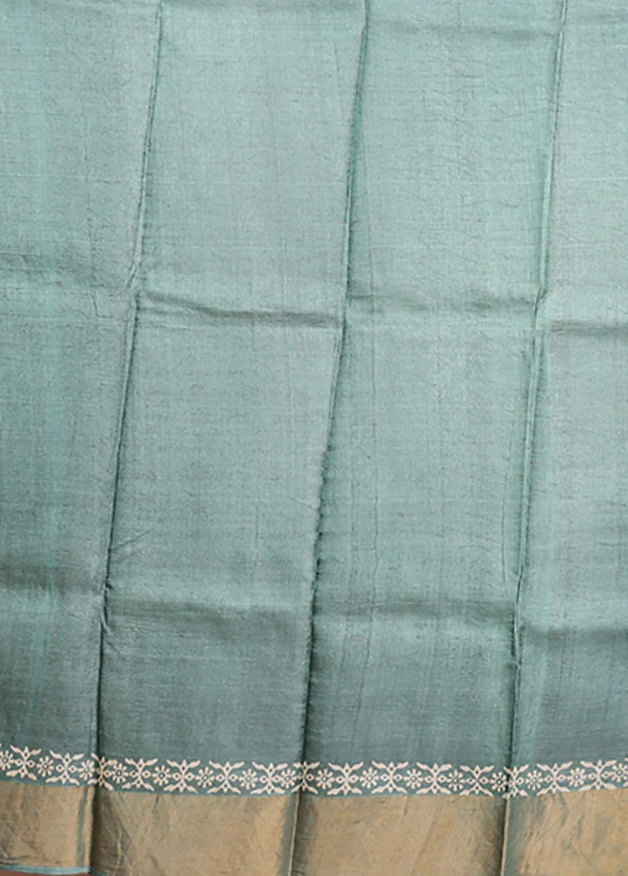 Green Tussar Silk Saree With Blouse Piece - Image 5