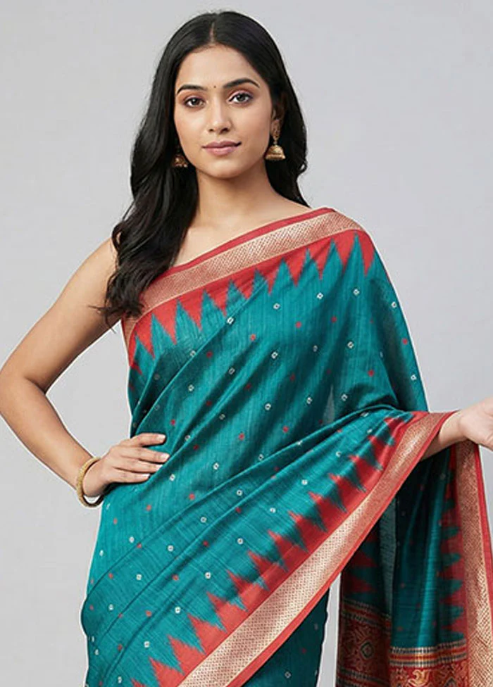 Green Tussar Silk Saree With Blouse Piece - Image 2