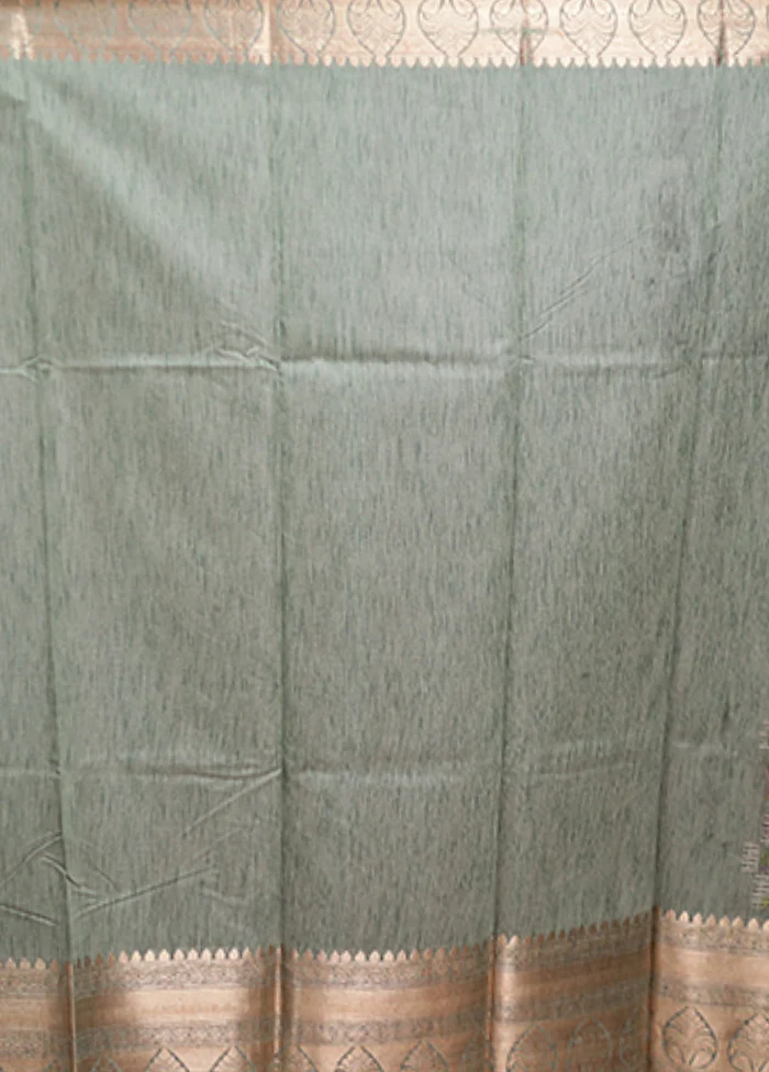 Green Tussar Silk Saree With Blouse Piece - Image 5